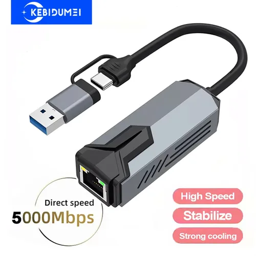 Imagen 1 del producto Adaptador de tarjeta de red de 5000Mbps, adaptador USB/tipo C a RJ45, 5Gbps, USB 3,0, convertidor de tarjeta de red Gigabit con cable, HUB para PC y portátil