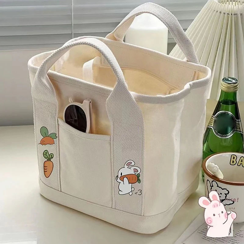 1PC Cartoon Rabbit carota borsa da donna in tela Tote Bag da donna borsa da pranzo Multi tasca portatile di grande capacità