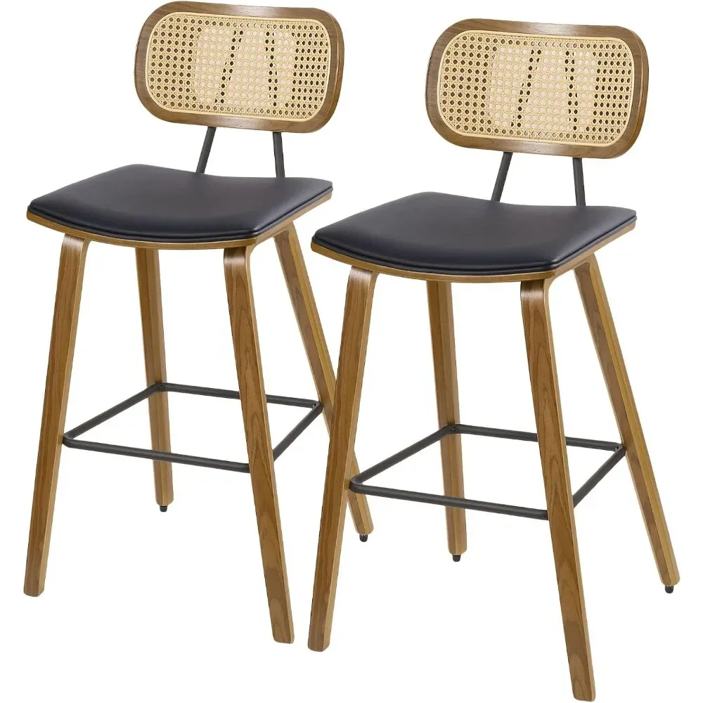 

Bar Stools Set of 2, 26" Wood Kitchen Stool PU Leather Upholstered Barstool with Rattan Back, Counter Height Dining Bar Chair