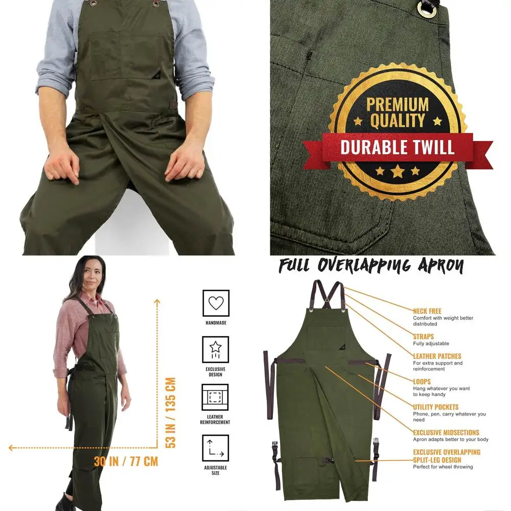 

NY Sky Pottery Moss Green Apron with Full Coverage, Durable Twill, Leather-Reinforced Split-Leg Design for Unisex Use