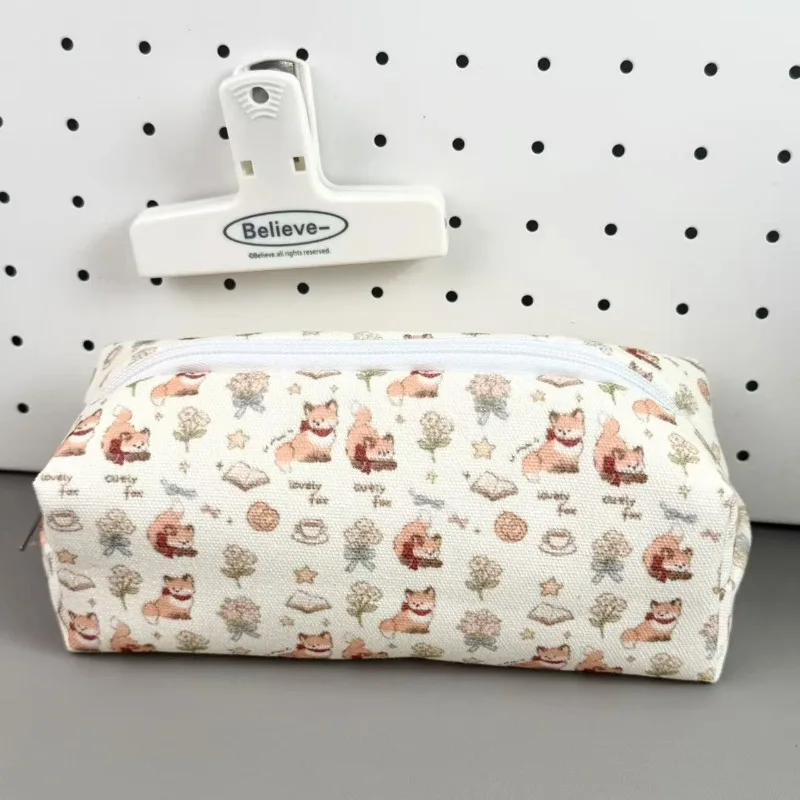 Forest‑Theme Little Fox Canvas Pencil Bag, Large‑Capacity Stationery Storage Pouch for Girls Student Daily School Use