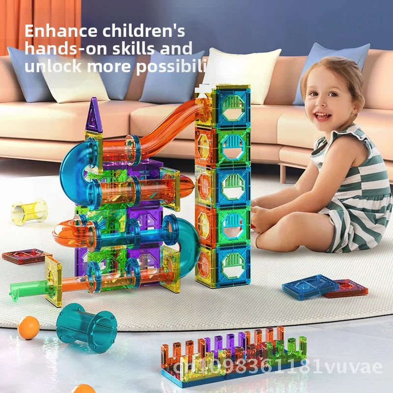 Magnetyczne klocki konstrukcyjne z kolorowymi okienkami, DIY, duży tor z kulkami, zabawki do łączenia dla dzieci w wieku 3-6 lat - Emocje i wzrok
