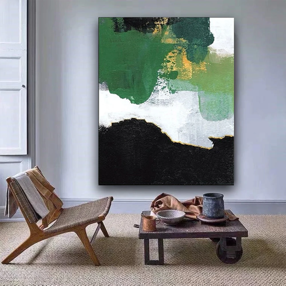 

100% hand drawn black, white, and green abstract oil painting original wall painting home living room decoration paint interior