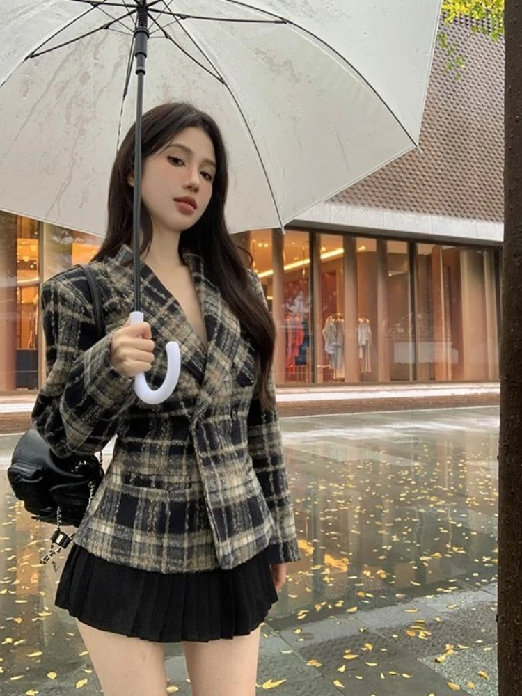 

Korean Style Vintage Plaid Wool Blazer Jacket Autumn Winter New Arrival Fashionable Slim Fit Waist Cinching Coat for Women