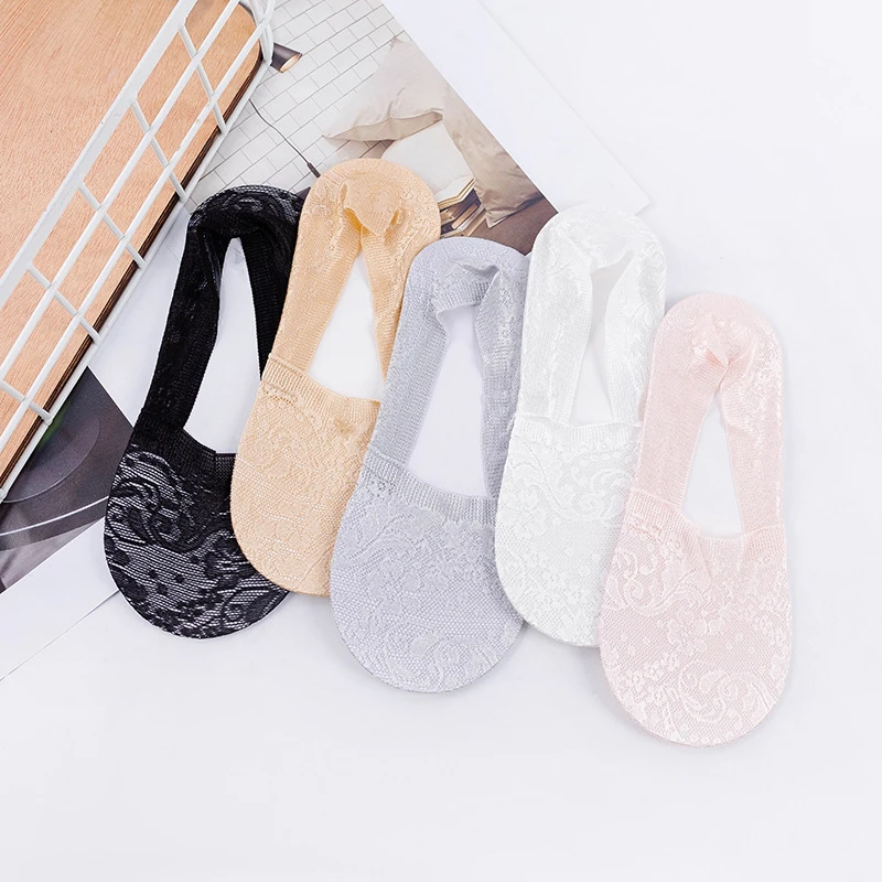 5 Pairs Lace Socks Women Boat Summer Breathable Silicone Non-Slip Thin Invisible Ankle Sock Fashion Transparent Short Sox