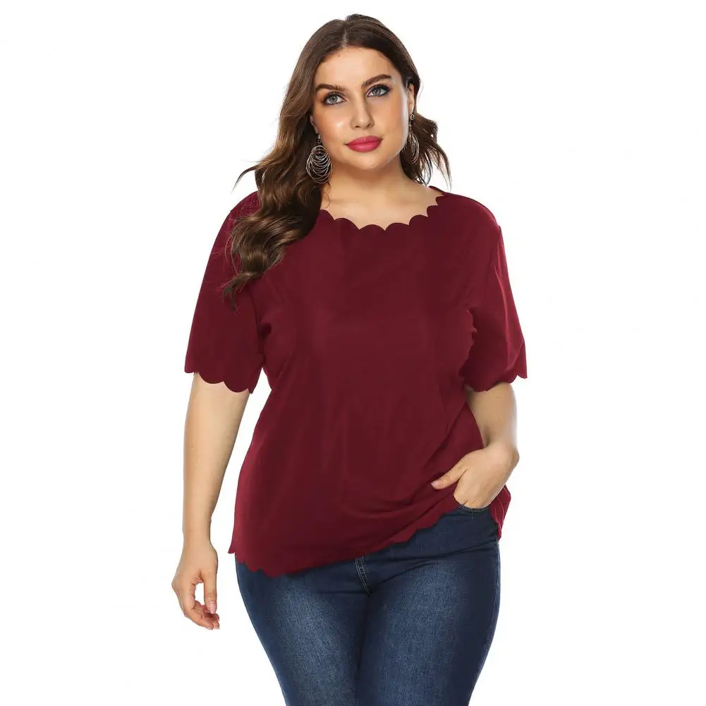 

Soft Elastic Tweed Fabric Top Stylish Plus Size Short Sleeve Tops for Women Blouses with Wave Hem for Home or Vacation for Women