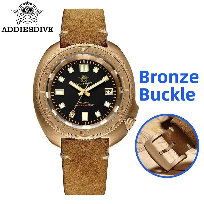 Addiesdive cusn8 relógio de bronze para homem mecânico nh35a vidro safira calendário 200m à prova dwaterproof água c3 luminoso relógio de pulso automático