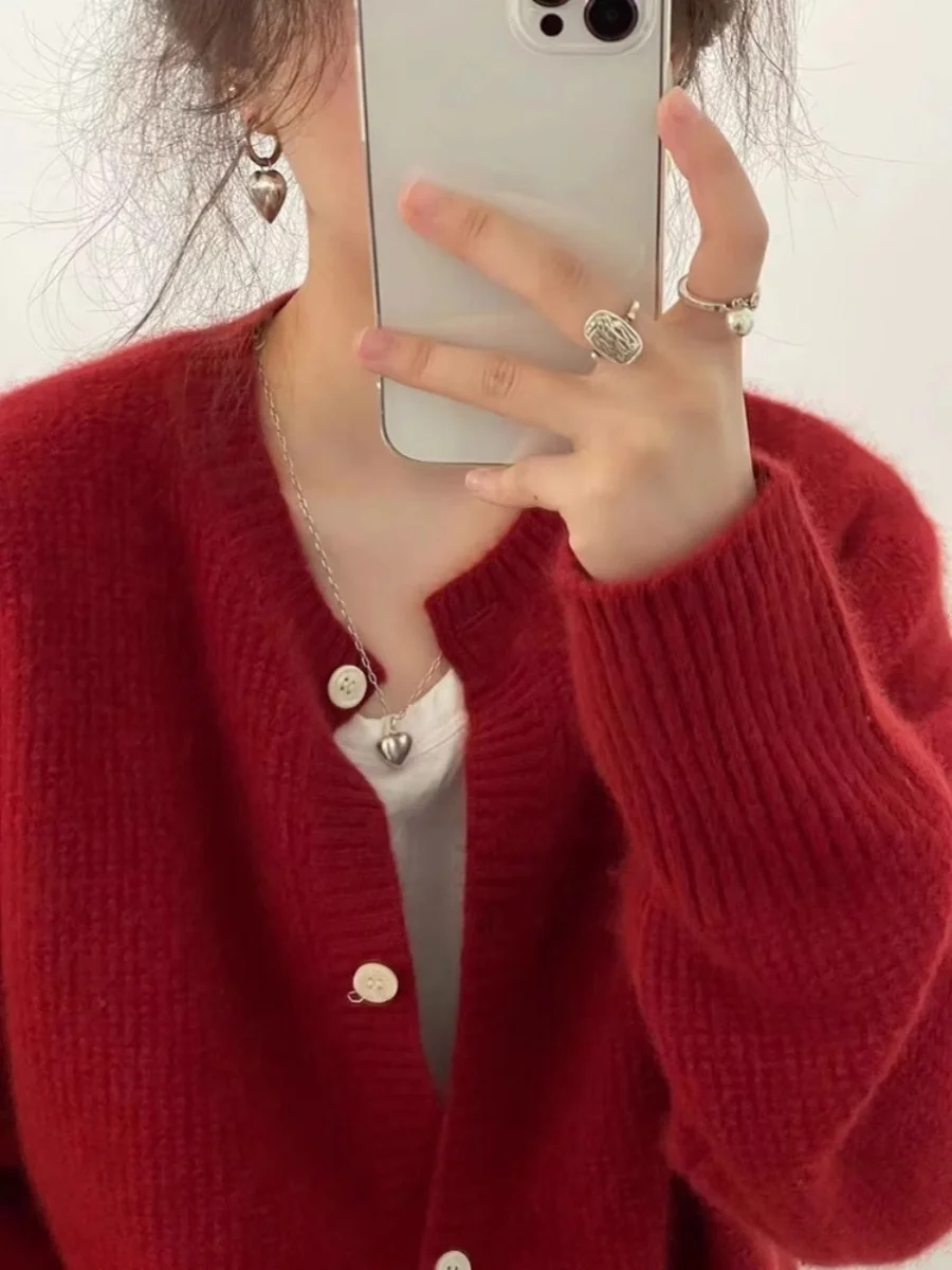 เสื้อคาร์ดิแกนถักไหมพรมไซส์ใหญ่สำหรับผู้หญิง เสื้อกันหนาวไหมพรมสีแดงแบบเปิดสำหรับสาวอวบ 240 ปอนด์ ฤดูใบไม้ผลิ A...