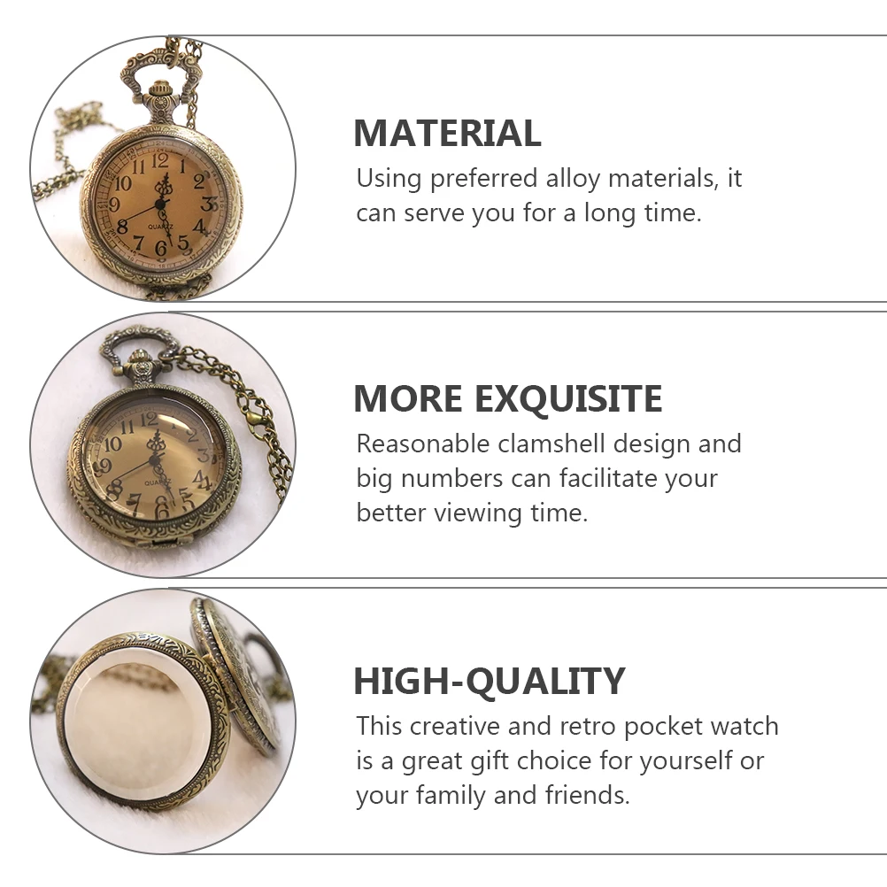 

Vintage Pocket Watch Copper Retro Clamshell Design Big Numbers Tea Color Men Hanging Chain Decorative Timepiece
