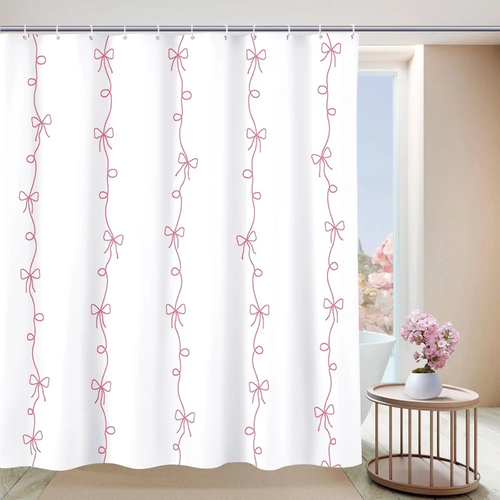 

Pink Bow Shower Curtain,Coquette Cute Bowknot Shower Curtain,Cartoon Line Bow-tie Bathroom Decor Curtain,Romantic