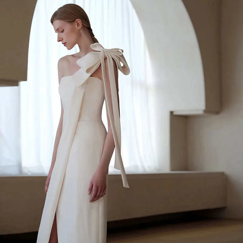 

Satin Light Wedding Dress One Shoulder Small Dress French Minimalist Summer Wedding Welcome Bridesmaid Toast Dress Customized