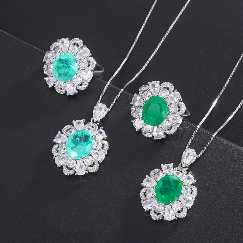 

Emerald Green Banquet Diamond-Studded Pendant European and American Style Ring for Women Noblewoman Green Gemstone Jewelry Set