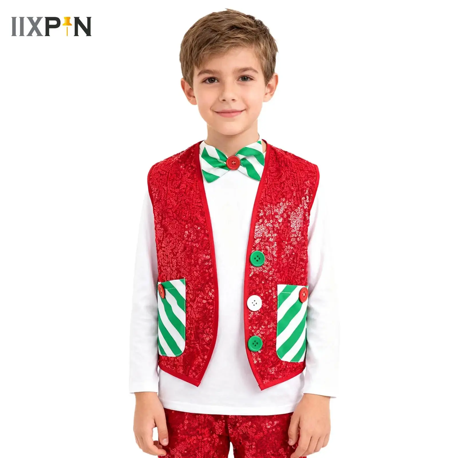 

Boys Christmas Santa Elf Costume Sleeveless Pockets Xmas Prince Vest Waistcoat Jacket with Bow Tie Set for Jazz Latin Modern