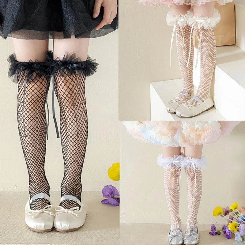 

Sweet Girls Socks Kids Summer Lace Stockings with Bowknot Trim Decoration G2TD