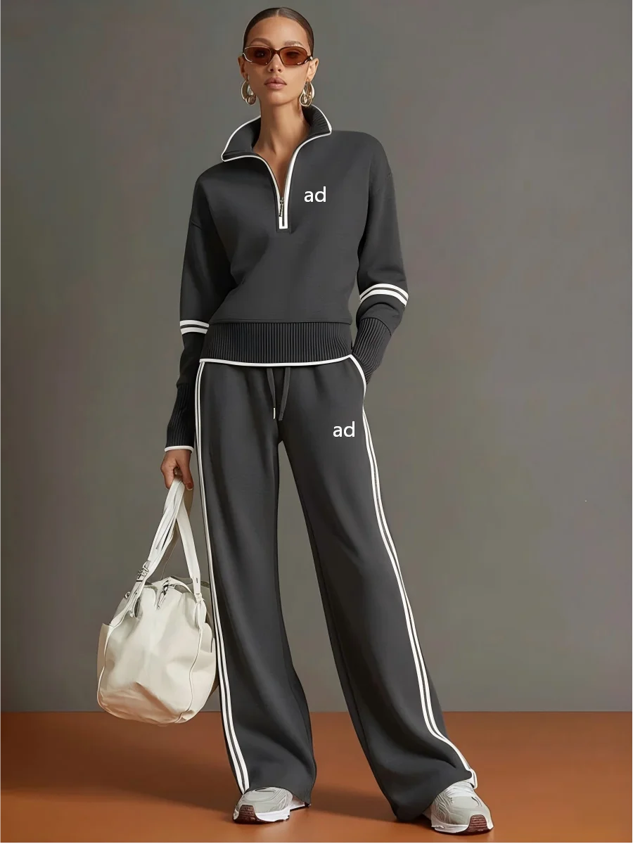 2026 New Long Sleeve Half Zipper Casual Sports Set - Fashionable Contrast Color Stand up Hoodie Wide Leg Pants Set