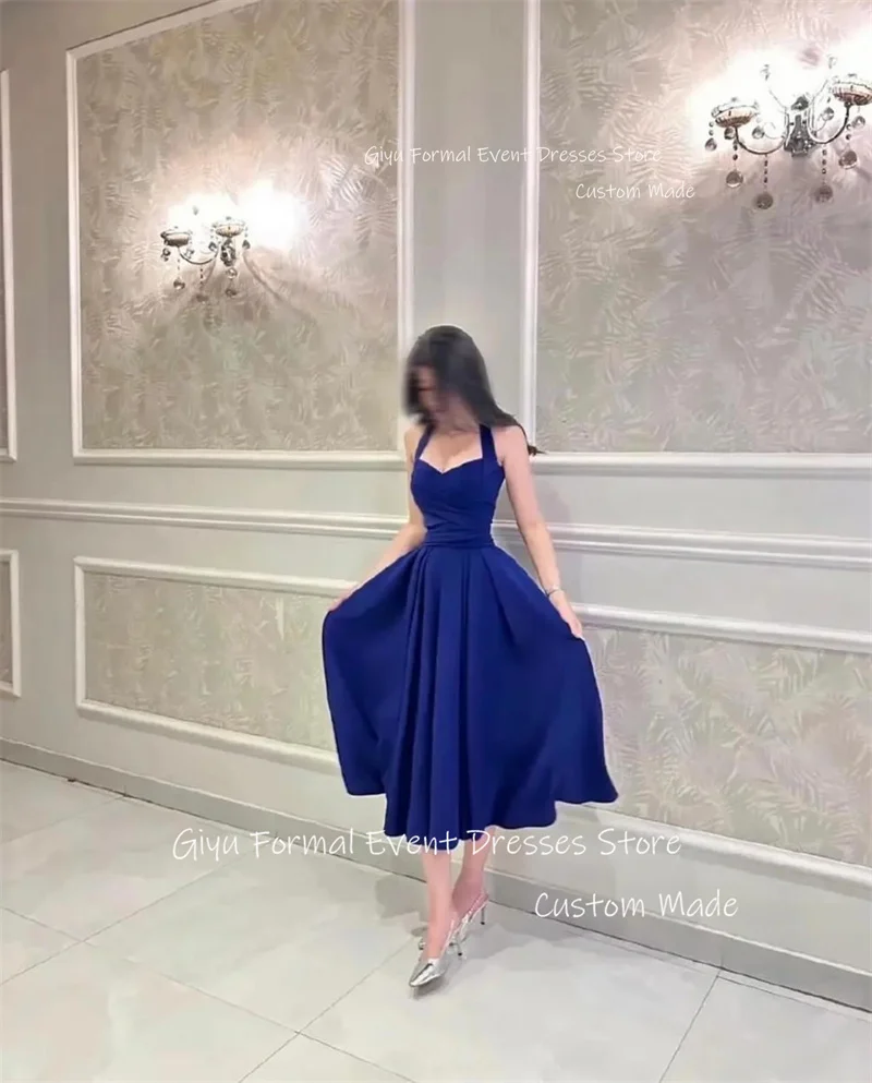 Giyu Vintage Royal Blue Satin Short Evening Dresses Arabic Women Halter Sleeveless Mini Prom Gowns Formal Party Dress