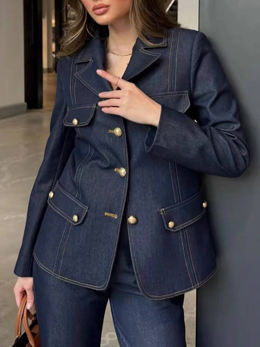 TWOTWINSTYLE Set Dua Potong Pelangsing untuk Wanita Kerah Lengan Panjang Sambungan Atasan Kancing Sebaris Celana Pinggang Tinggi Set Elegan Wanita