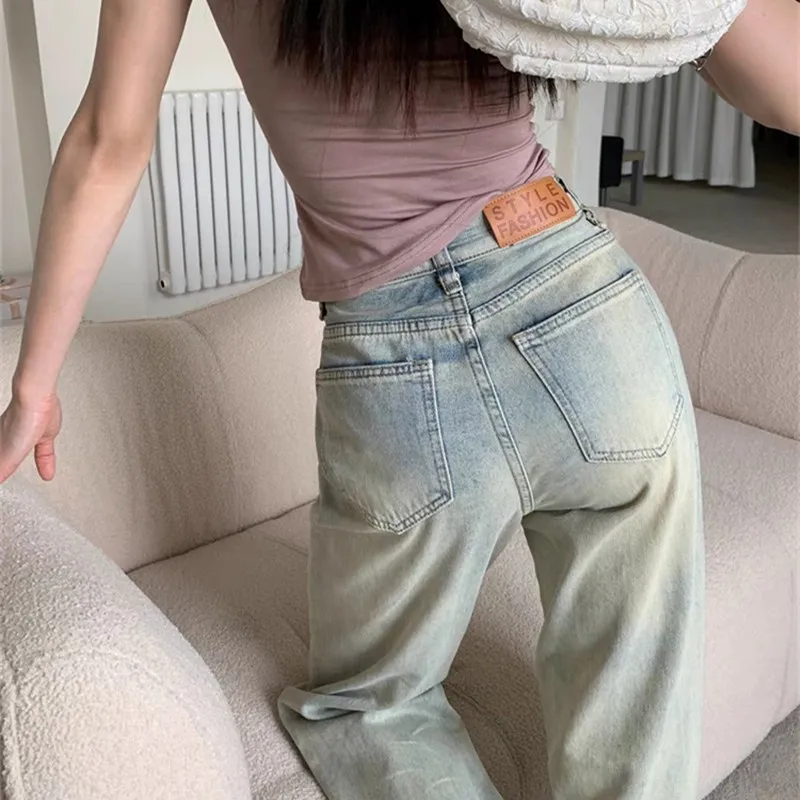 FINEWORDS Vintage Casual Korean Tie-dye Washed Jeans Women Streetwear Loose Wide Leg Jeans Punk Fashion Harajuku Denim Pants