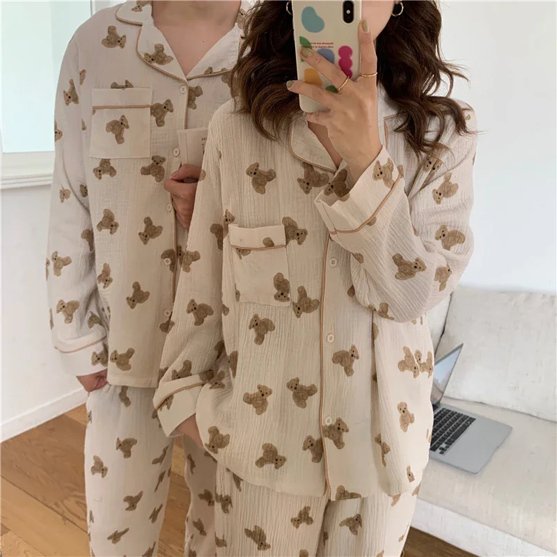 Couple Lovers Kawaii Cotton Autumn Pajamas Set Women Korean Casual Cotton Two Piece Set Home Suit Sleepwear Pockets Vintage