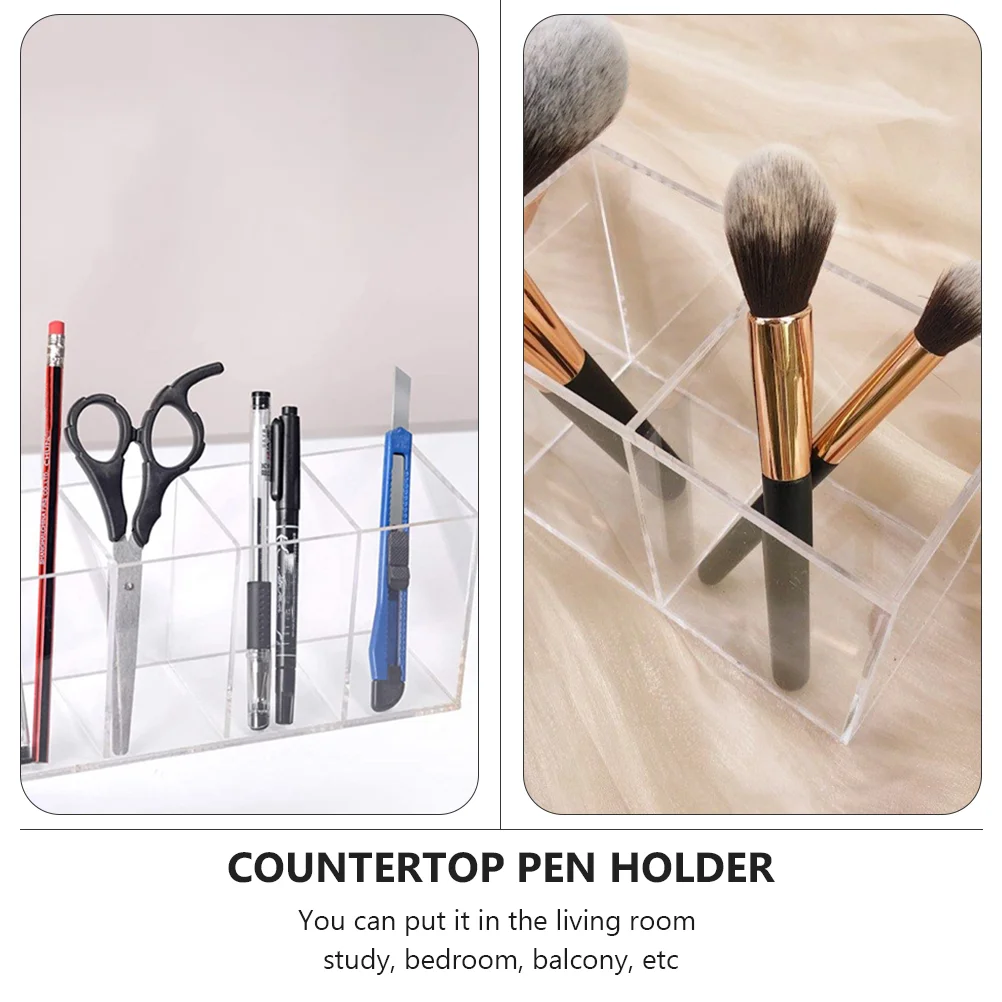 Pen Holder Acrylic Brush Makeup Storage Box Countertop Container Desktop Clear Divided Desk 4-Compartment Organizer Case