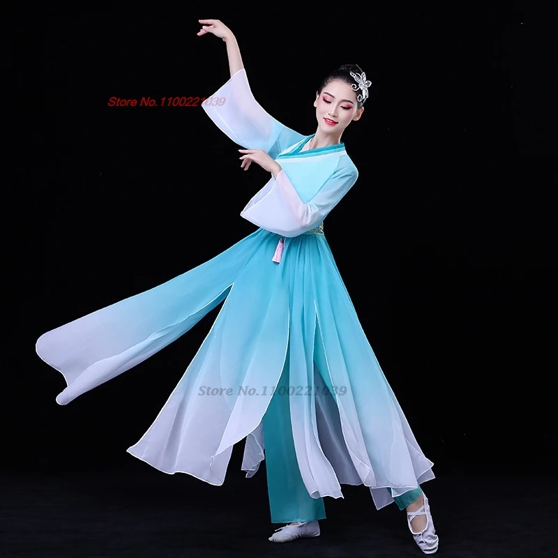 2025 ancient chinese vintage dance costume national gradient color chiffon dress+pants set retro stage performance hanfu dress