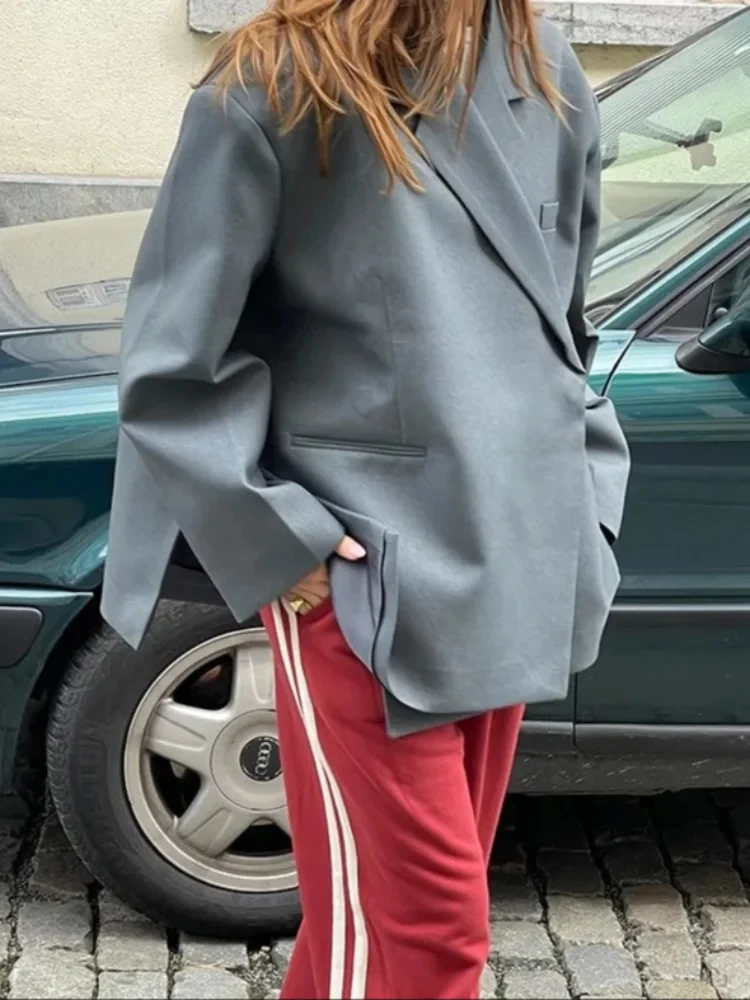Loose Slanted Placket Suit Jacket Women Autumn Oversize Solid Suits Coat Female Elegant Casual Hidden Button Lapel Slit Coats