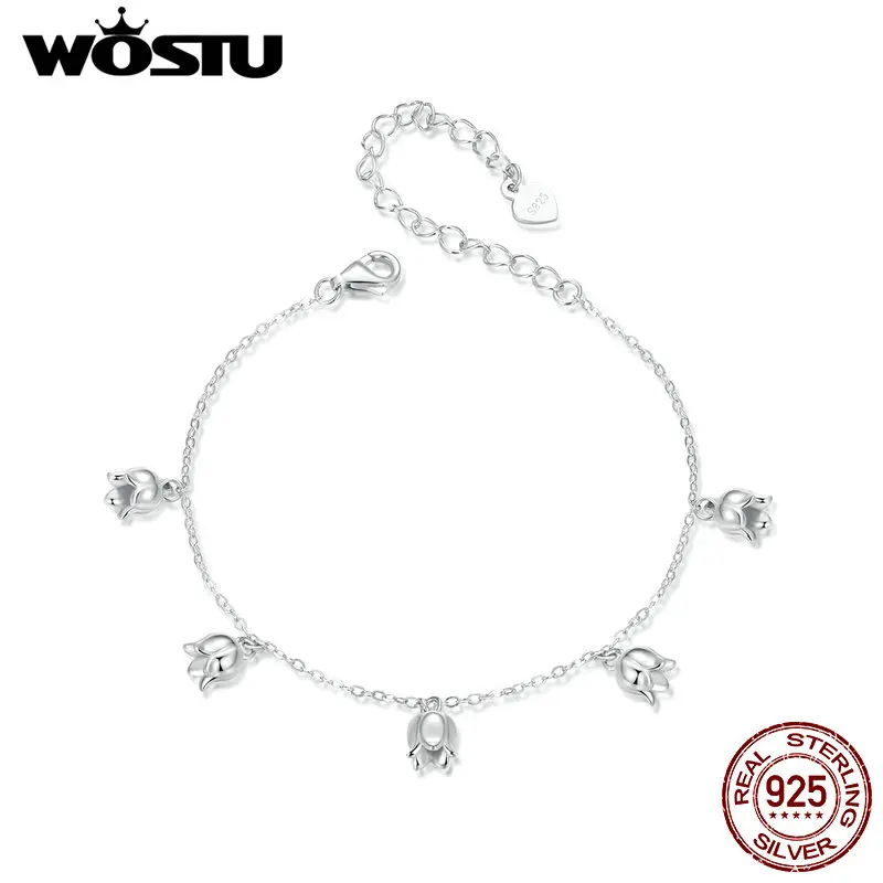 WOSTU 925 Sterling Silver Lily of the Valley Chain Bracelet For Women Fashion Jewelry Flower Wrist Links Girl Birthday Gift