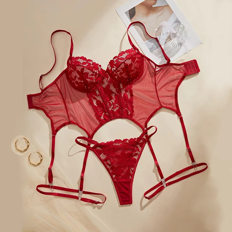 Sexy Lingerie Ultra Thin Lace Underwear Women Steel Rings Bra and Panties Set 3 Pieces Hot Erotic Lingerie Transparent Underwear