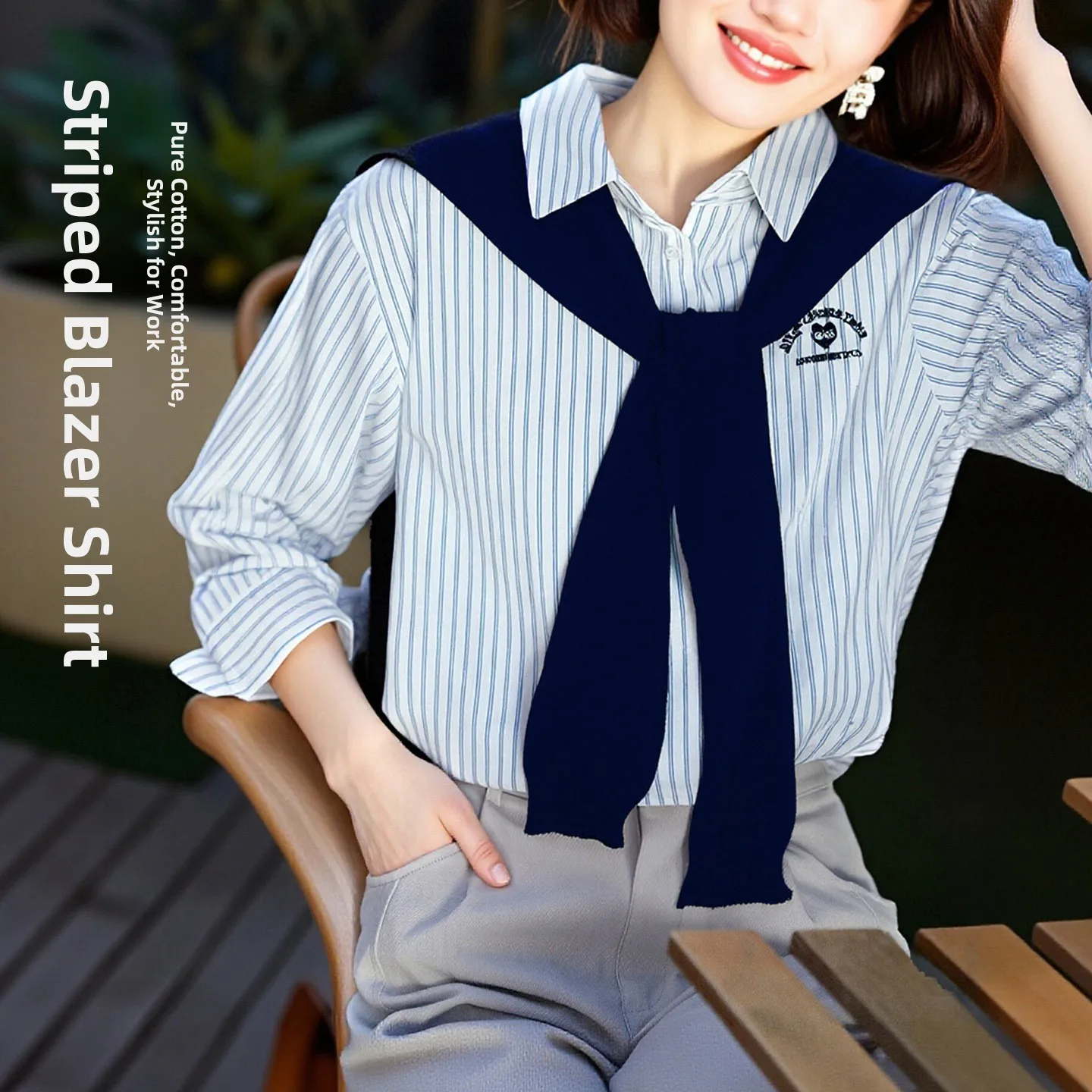 

Blue Striped Knitted awl Collar Long Sve Women's irt Autumn Winter Faion Design Casual Cotton Blend Modern Sle