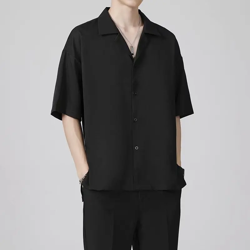 

Korean Sle Cuban Collar Ice Silk ort Sve Men's Vintage irt Lightweight Summer Thin Fabric Polyester Blend Top