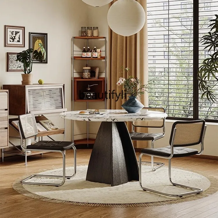 

Solid Wood Dining Table Home Chair Home Round Marble French Retro Cream Style Light Luxury