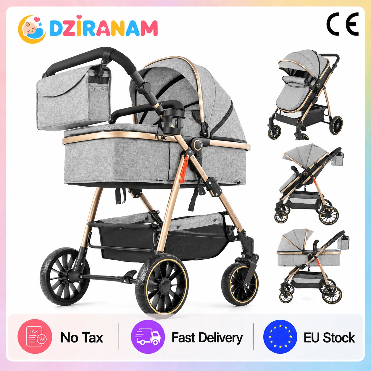 Passeggino 3 in 1 con seggiolino auto e culla, sistema da viaggio per neonati, passeggino leggero e pieghevole, culla portatile, cappottina parasole r