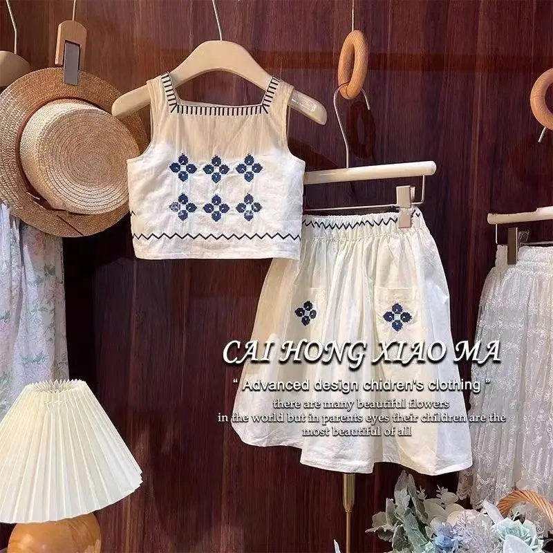 

2-7Y Summer Sleeveless with Pockets Kids Outfits Embroidered Vest Top + Skirt Two-piece Girls Sets 90-140CM