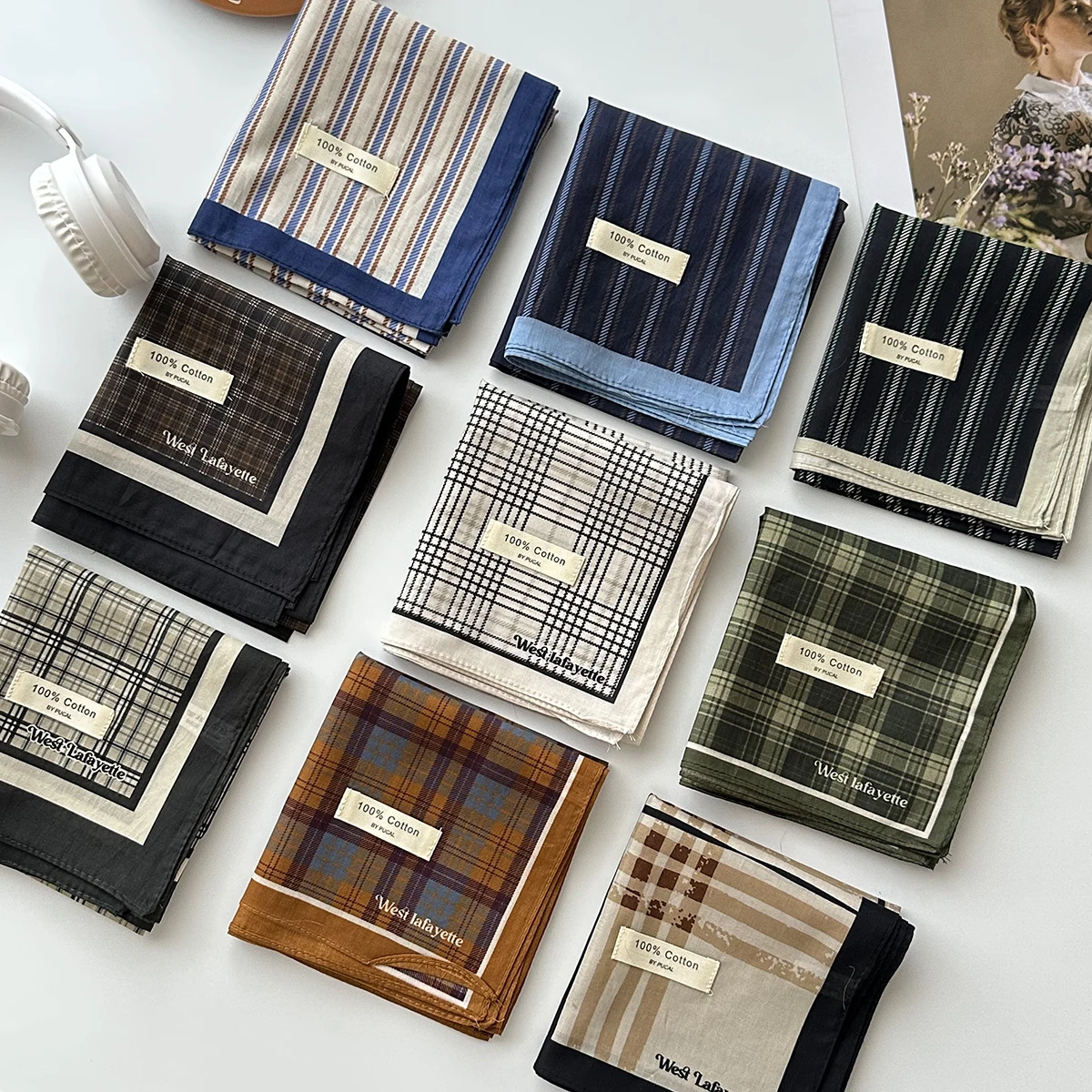 A Stripesd Plaid Preppy Style Small Square Scarf 100% Cotton Retro Literary Versatile Decorative Silk Scarf Small Fresh Japanese Style Style Small Scarf