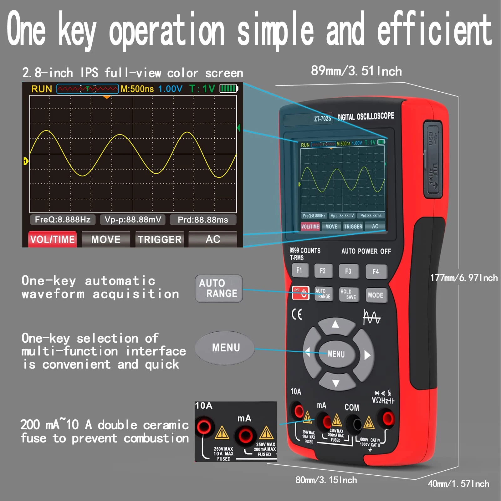 Oscilloscope High Accuracy Oscilloscope Multimeter 1 Click Auto Measurement 2.8 inch  Color Screen with 2 Probes for Sensors