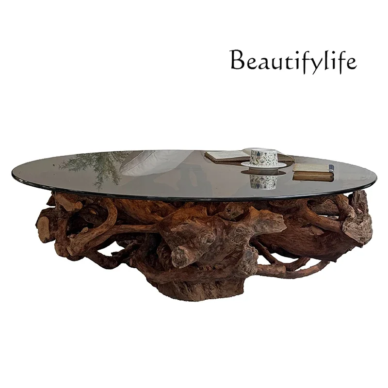 

QWabi-**** windshield round tea table natural tree root tea table design villa living room household coffee table