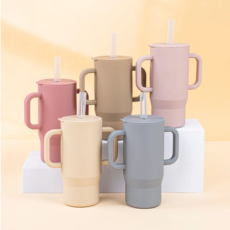 Food-Grade Silicone Children's Learning Drinking Cup, Leak-Proof and Choking-Proof, with Handle and Straw, Portable Baby Drinking Cup