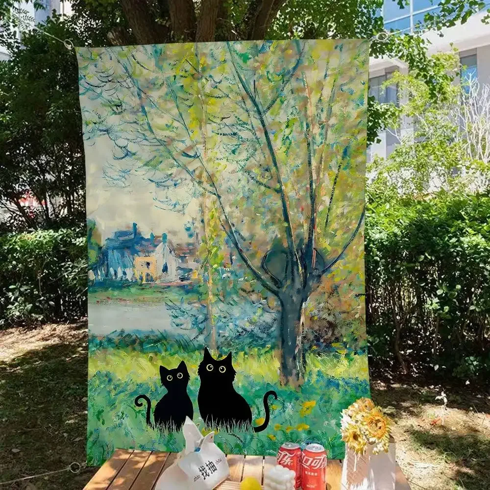 Claude Monet Artworks Interesting Cute Black Cat Lotus Pond DIY Flag For Family Group Photo Home Dorm Decor Wall Decor Banner