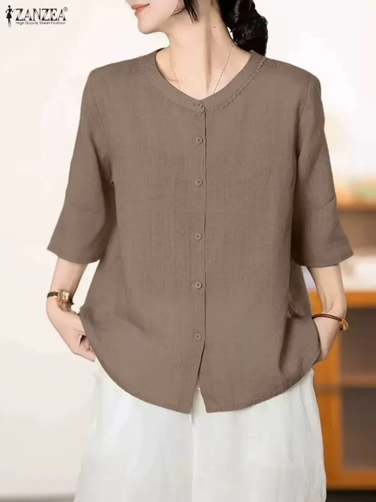 2025 ZANZEA Camicie da donna Moda Manica 3/4 Girocollo Solido Casual Top Estate Primavera Camicetta da donna Abbigliamento elegante Blusas