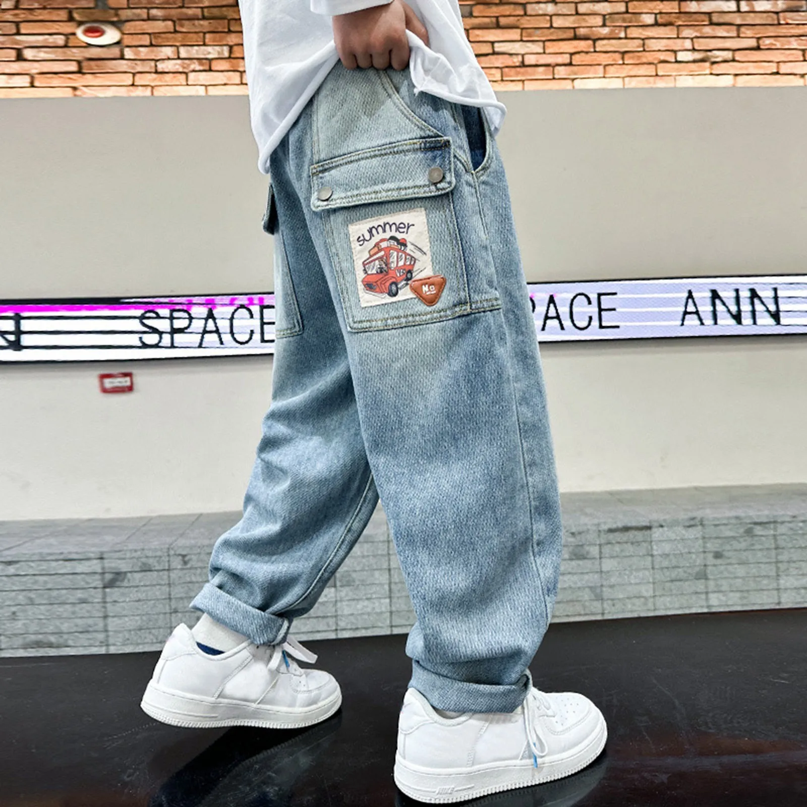 

New Kids Baggy Letter Denim Trousers 2025 Spring Summer Teenagen Jeans Simple Fashion Style Wide Leg Long Pants 4-14Y