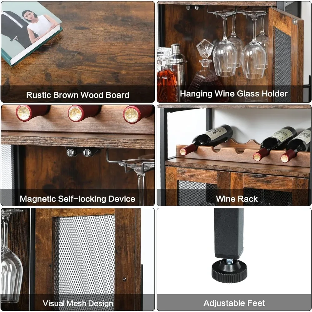 Wine Bar Rack Cabinet with Detachable Wine Rack, Coffee Bar Cabinet with Glass Holder,