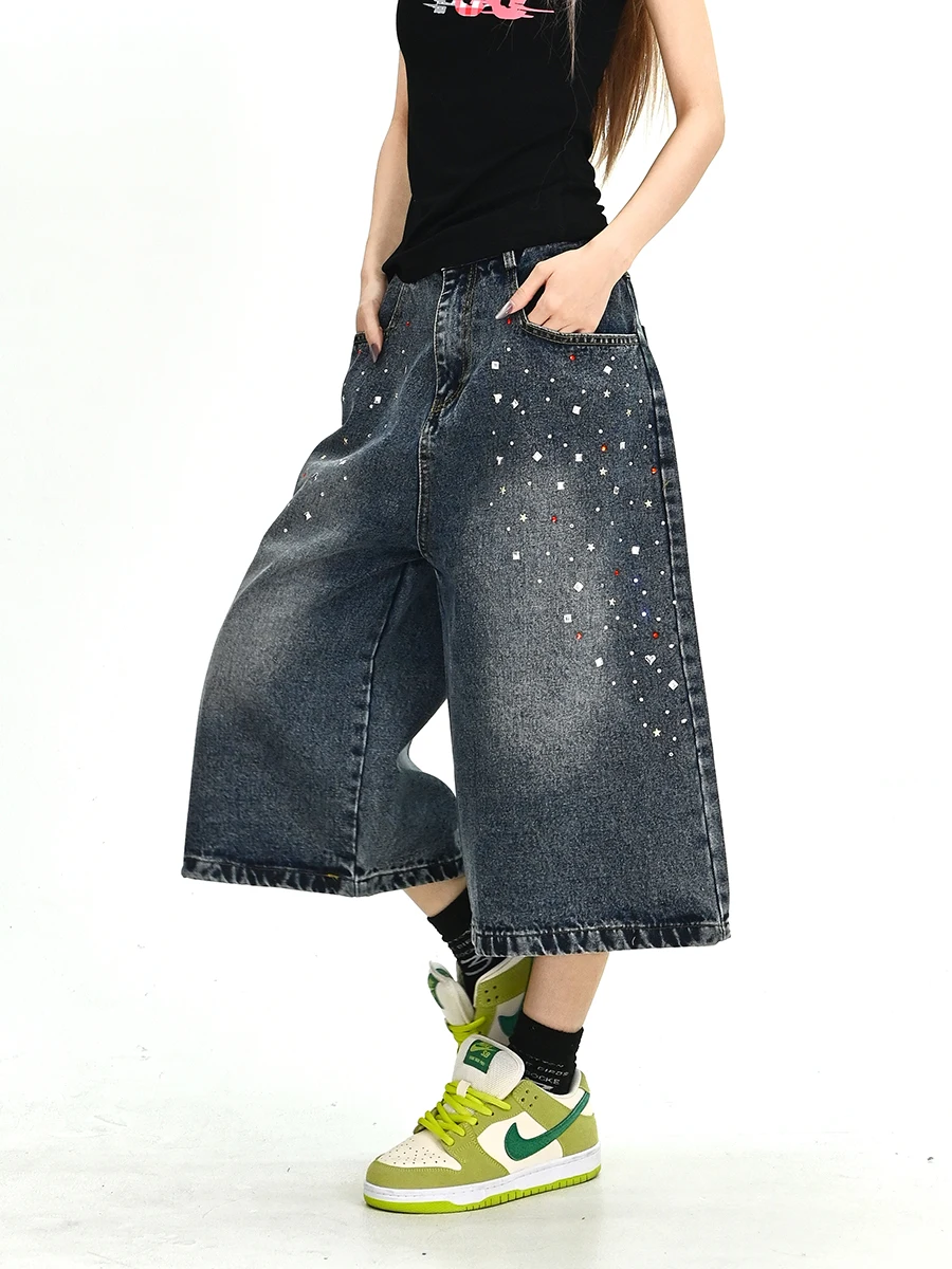 

Summer New Loose Women's Denim 7/8 Pants Star Rhinestone Street Style Vintage Wide Leg Trousers Fashionable Casual Jeans