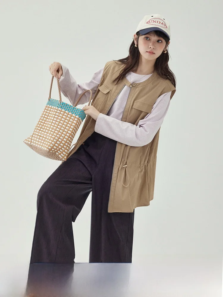 

AMUU оригинальный однотонный рабочая одежда с двойной молнией, жилет Jaet, женский топ на шнуровке, осенний новый Sle для поездок на работу