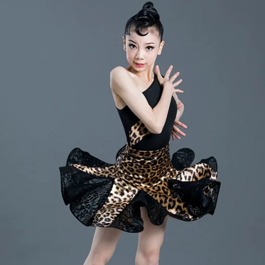 1pcs/lot One Shoulder Leopard Latin Dress Girl Performance Chacha Dancing Dress