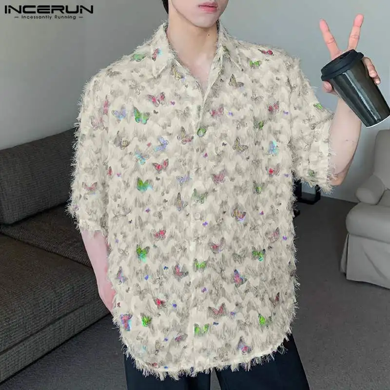 Fashion Summer Hot Sale Tops INCERUN Men Tassel Texture Funny Printed Shirts Casual Comfortable Short Sleeved Lapel Blouse S-5XL