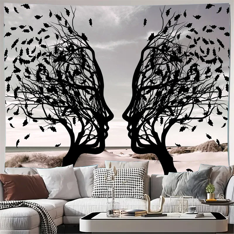 Gothic Profile Head Silhouette Wall Tapestry Nature Tree Branch Bird Art Decorative Hanging Decor for Living Room Boho Aesthetic