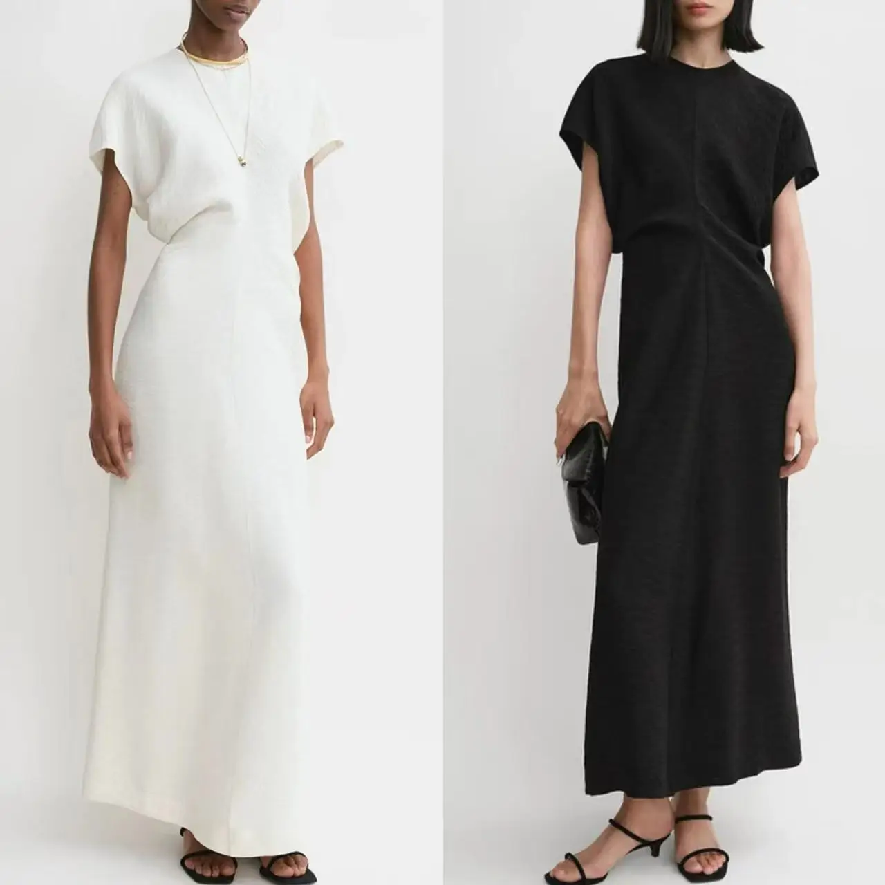 

Ladies 2 Colors Maxi Dress Summer 2025 Round Neck Short Sleeve Pleated High Waist Elegant Female Robe