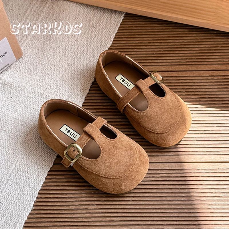 

Туфли Мэри Джейн с круглым носком и Т-образным ремешком для детей, девочек, мягкие замшевые балетки с пряжкой в стиле ретро, лаконичные лоферы на плоской подошве для маленьких детей