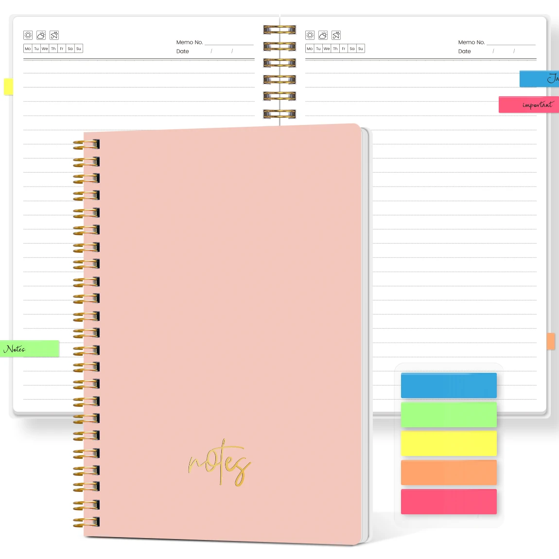 Cuaderno Espiral Rosa A5 con Notas Adhesivas, Diario con Páginas Rayadas y Cubierta Impermeable, Papel Grueso para Escritura de Oficina