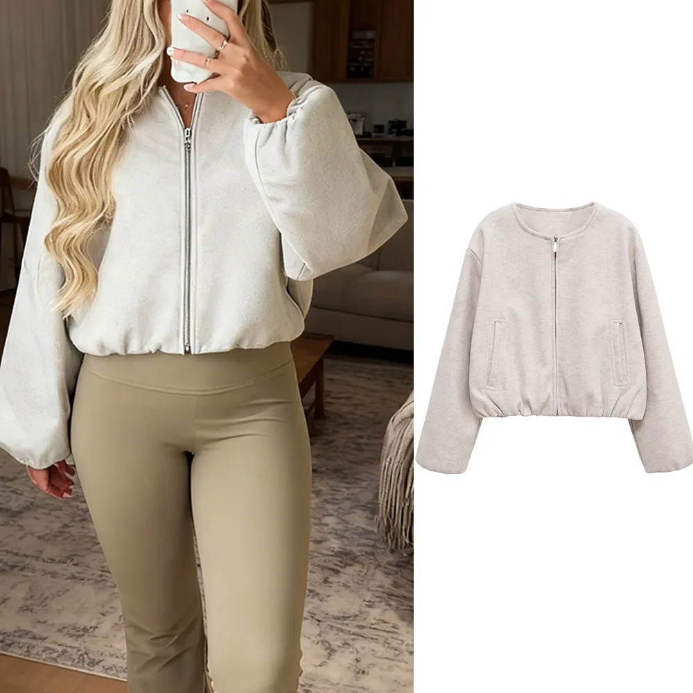 

Women's Jackets O Neck Bomber Fashion Autumn Woman 2025 Trend Long Sleeve Cropped Coat Elegant Casual Top Outerwears